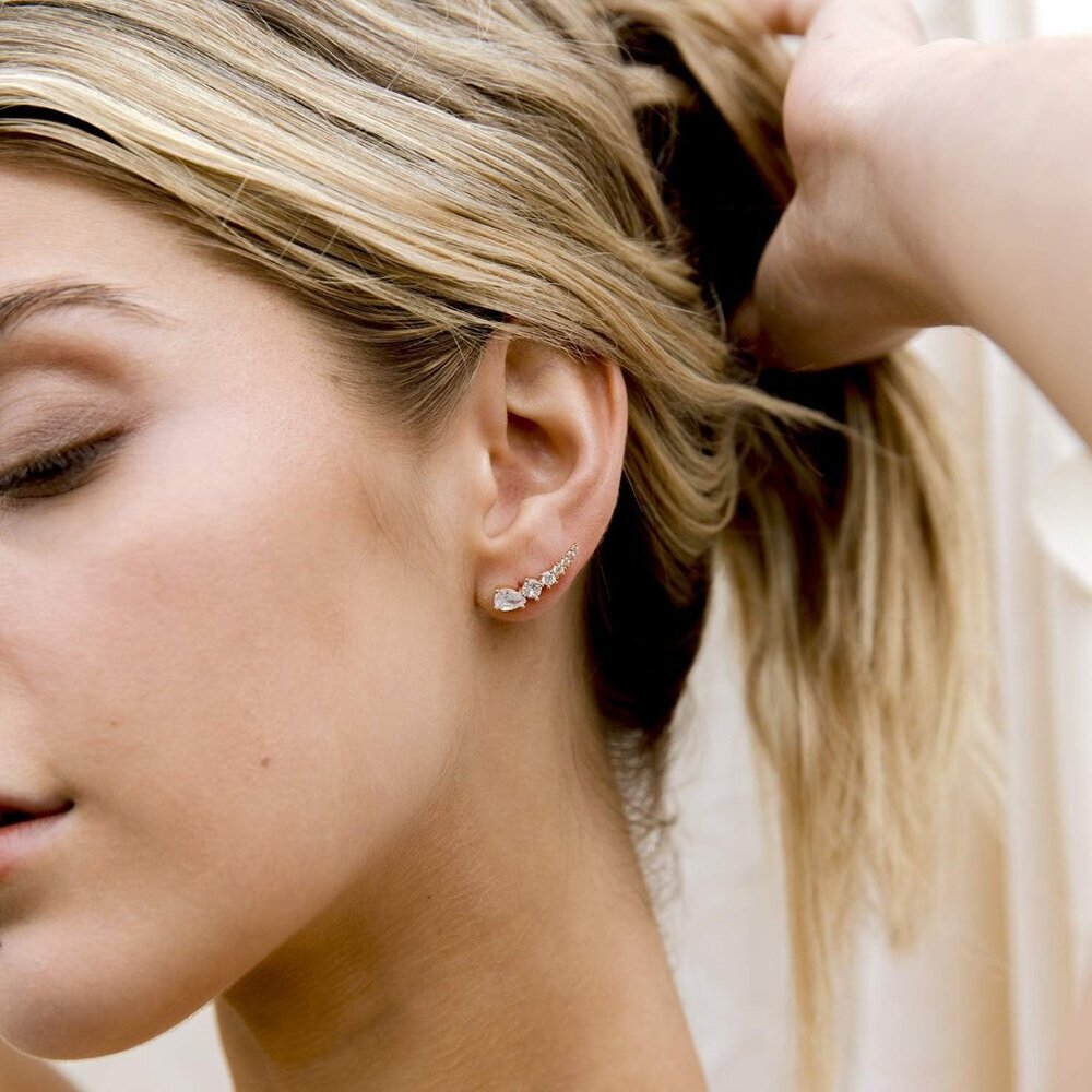 14K Gold Plated Cubic Zirconia Ear Crawler Stud Earrings for Women - Faux Diamon - Picture 4 of 5